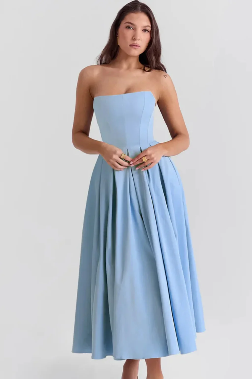 Everly | Women Strapless Corset Midi Dress with Flared Skirt - Image 5