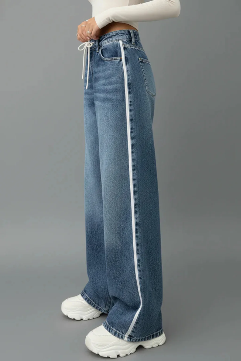 Joni | Women Relaxed Wide Leg Denim Jeans with Drawstring Waist - Image 3