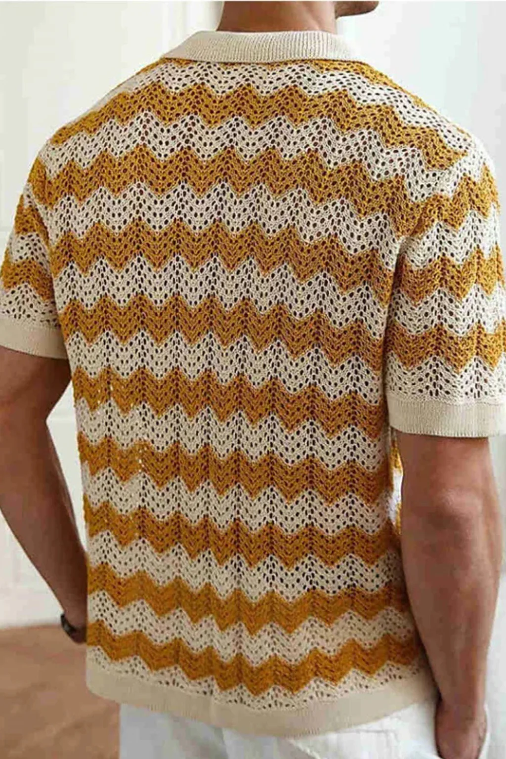Jimmy | Men Short Sleeve Button Front Zigzag Crochet Knit Polo Shirt - Image 8
